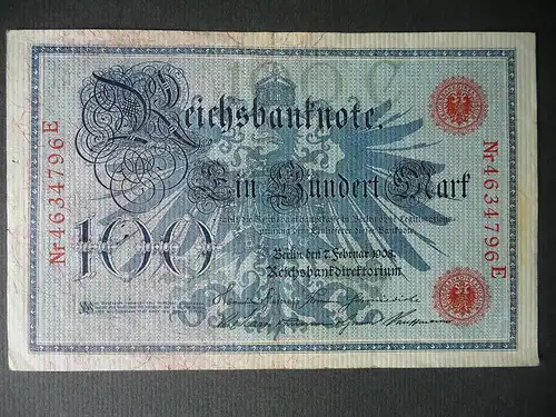 Reichsbanknote 100 Mark 1908 Nr. 4634796E