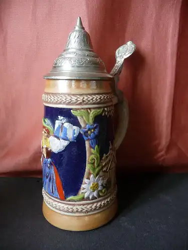 Kleiner Bierkrug Humpen mit Zinndeckel Gerz Keramik