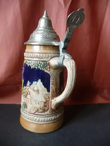 Kleiner Bierkrug Humpen mit Zinndeckel Gerz Keramik