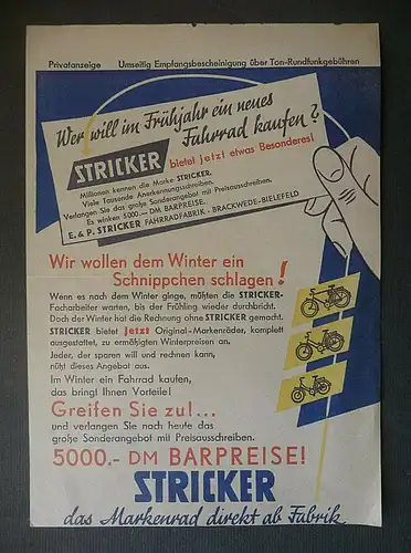 Reklame-Anzeige Stricker Fahrrad / Einzahlungsbeleg Bayerischer Rundfunk 1957