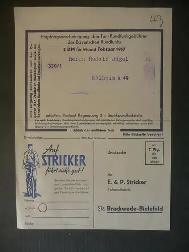 Reklame-Anzeige Stricker Fahrrad / Einzahlungsbeleg Bayerischer Rundfunk 1957