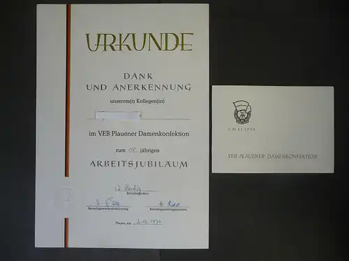 Urkunde und Danksagung VEB DAmenkonfektion Dako Plauen 1974