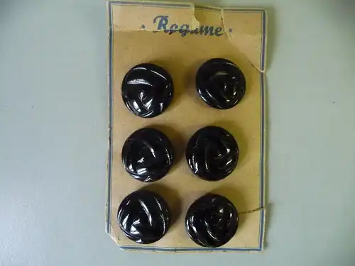 6 alte böhmische Glasknöpfe Knopf "Rogume" schwarz rund Reliefmuster