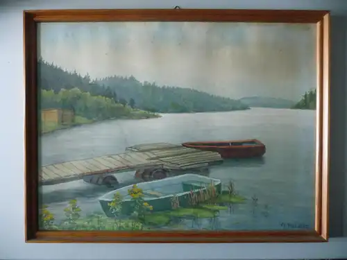 Aquarell Zeichnung Bild Ufer mit Steg Boote Vogtland Pöhl ? / W. Pasch 1977