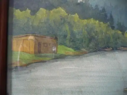 Aquarell Zeichnung Bild Ufer mit Steg Boote Vogtland Pöhl ? / W. Pasch 1977