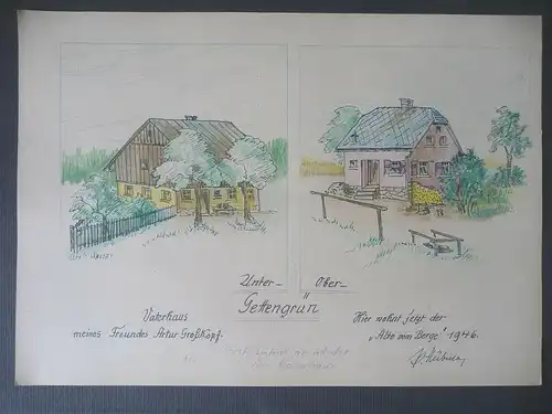 Orig. Zeichnung Untergettengrün Vogtland  Häuser / Paul Hübner 1946