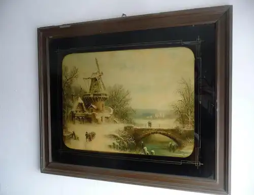 Altes Glasbild Hinterglasdruck Niederländische Landschaft Windmühle 1899