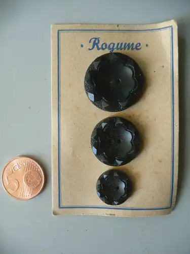 3 alte böhmische Glasknöpfe Knopf "Rogume" schwarz Randmuster
