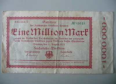Notgeld Gutschein 1 Mill M. Reichsbahndirektion Dresden