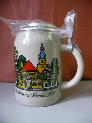 Bierkrug "Franken" mit Zinndeckel / Brauerei Scherdel Hof