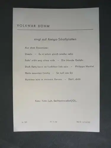 Autogrammkarte Volkmar Böhm / Schlagersänger Foto handsigniert 1963