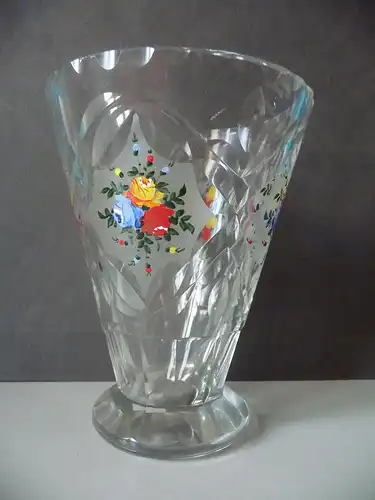 Glasvase Blumenvase mit Blumenmalereien trichterförmig 16 cm