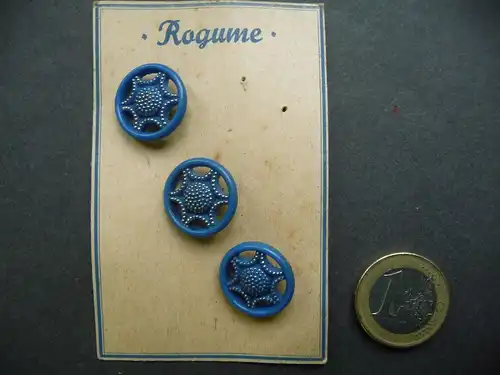3 alte böhmische Glasknöpfe Knopf Musterkarte "Rogume" Radmuster blau