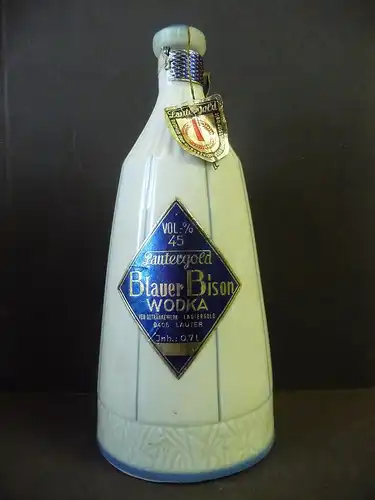 Flasche Blauer Bison Wodka / Lautergold Lauter DDR Porzellan