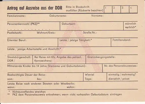 Formular Anhtrag auf Ausreise aus der DDR