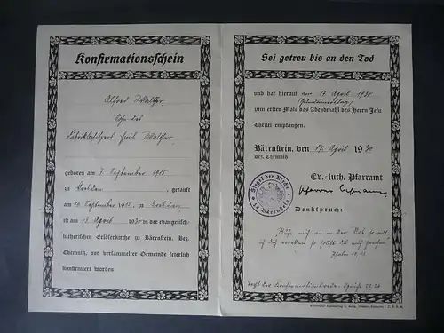 Konfirmationsschein Bärenstein Erzgebirge Erlöserkirche 1930