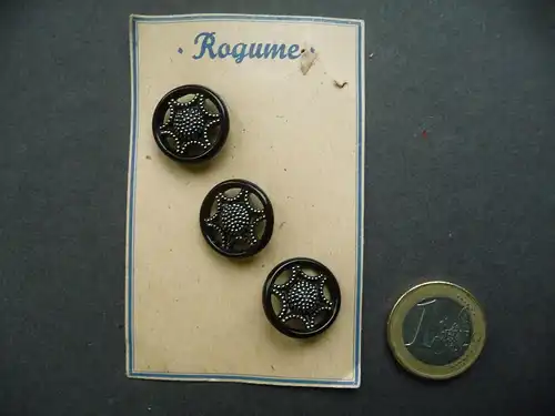 3 alte böhmische Glasknöpfe Knopf Musterkarte "Rogume" Radmuster schwarz