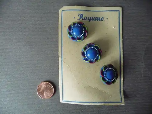 3 alte böhmische Glasknöpfe Knopf Musterkarte "Rogume" Knotenmuster blau