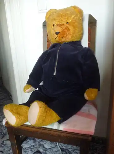 Großer alter Teddybär mit blauer Cordjacke und Hose