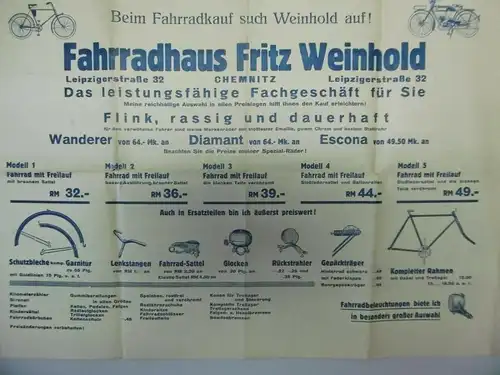 Reklameplakat mit Tourenkarte Fahrradhaus Fritz Weinhold Chemnitz ca. 1940