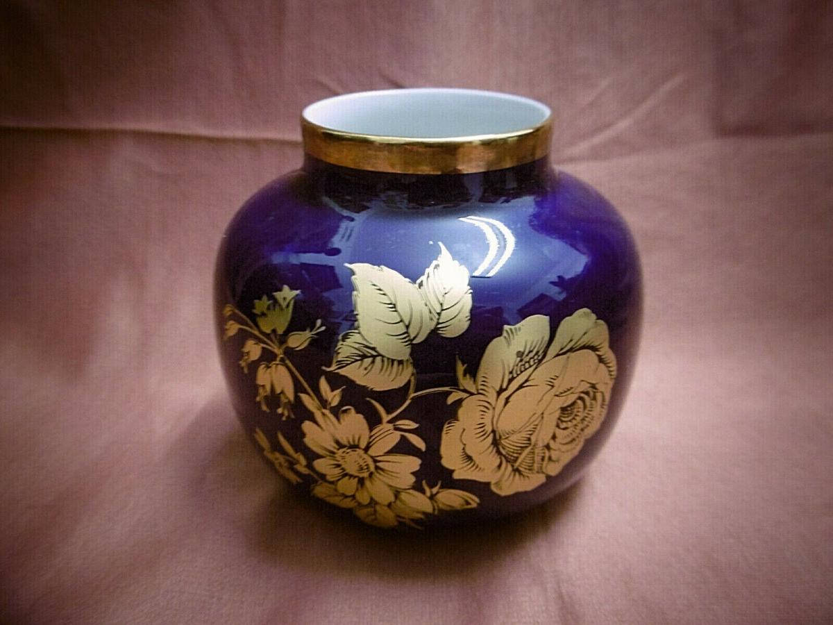 Vase Kobaltblau mit Blumendruck Bavaria Porzellan Royal Nr