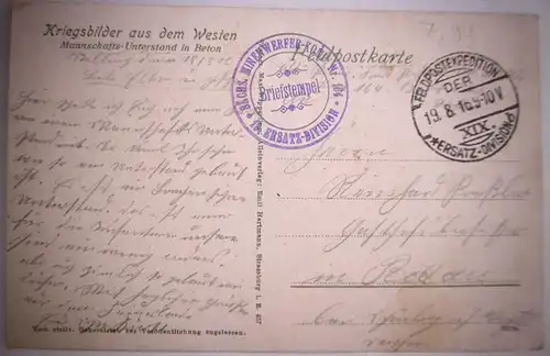 Alte PK "Kriegsbilder aus dem Westen-Mannschafts-Unterstand in Beton", gel. 1916