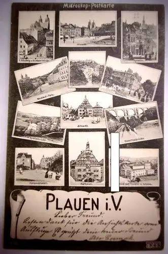 Alte PK "Plauen i. V. " Microskop-Postkarte, gelaufen 1904