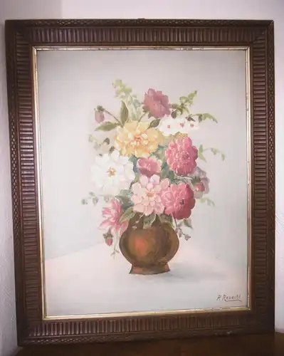 Nostalgisches Gemälde "Florales Stilleben" P. Reuschl in orig. Holzrahmen 71x58