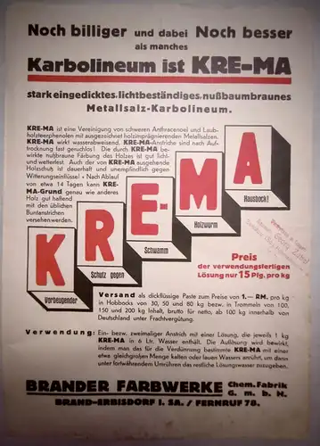 Altes Werbe-Flugblatt "KRE-MA", Brander Farbwerke , A4
