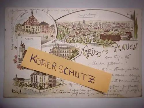 Alte Postkarte / Ansichtskarte "Gruss aus Plauen i. V." , gelaufen in 1896