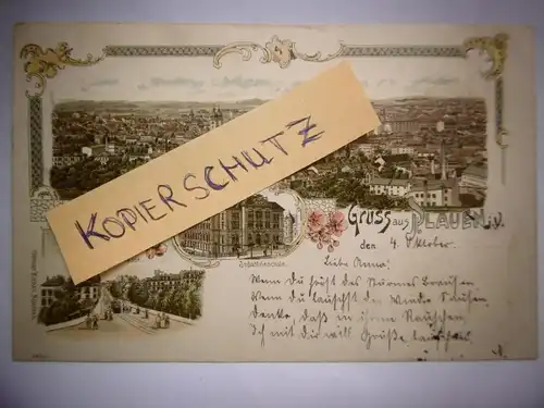 Alte Postkarte / Ansichtskarte "Gruss aus Plauen i. V." , gelaufen in 1898