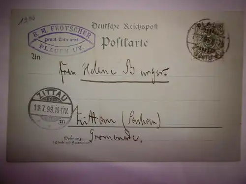 Alte Postkarte / Ansichtskarte "Gruss aus Plauen/Vgtl." , gel. 1899
