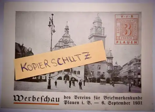 Alte PK "Werbeschau Verein f. Briefmarkenkunde Plauen/ V. Sept. 1931", ungel.