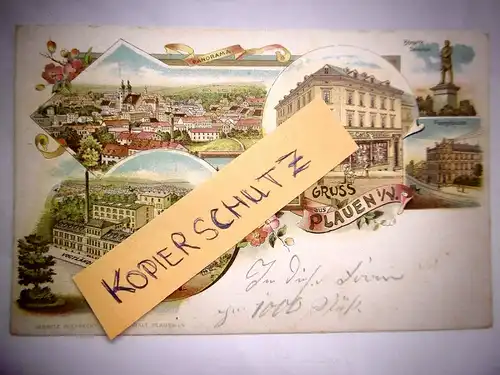 Alte Postkarte / Ansichtskarte "Gruss aus Plauen i. V." , gelaufen um 1900