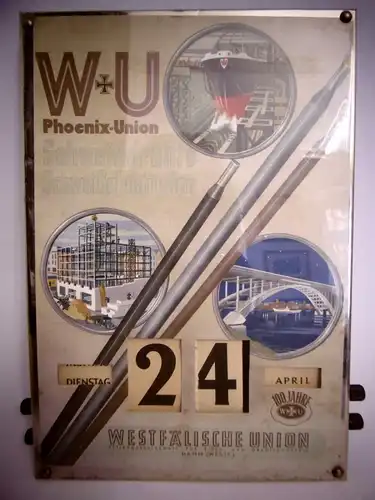 Außergewöhnlicher Vintage Drehkalender "100 Jahre Westfälische Union", Hartglas
