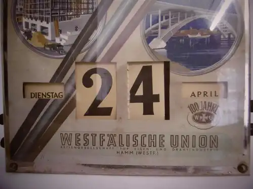 Außergewöhnlicher Vintage Drehkalender "100 Jahre Westfälische Union", Hartglas