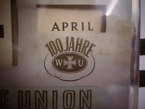 Außergewöhnlicher Vintage Drehkalender "100 Jahre Westfälische Union", Hartglas