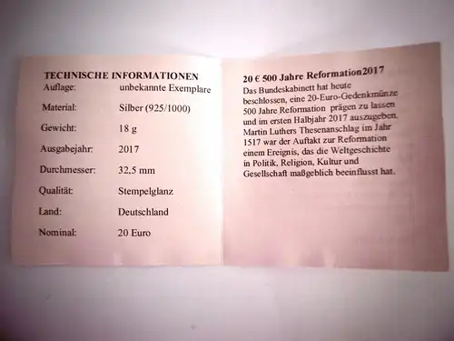 20 Euro Münze "500 Jahre Reformation", Prägest. A,2017, in Kapsel,mit Zertifikat