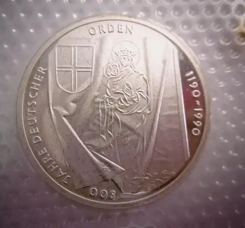 10 DM Münze "800 Jahre Deutscher Orden", Prgst. J, 1990, in OVP