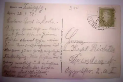 Alte Postkarte "Bin soeben glücklich angekommen, Gruss aus Leipzig", gel. 1938