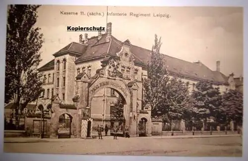 Alte Postkarte "Kaserne 11 (sächs.) Infanterie-Regiment Leipzig", gelaufen 1927