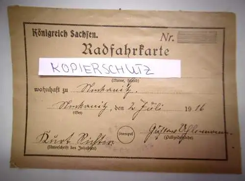 Alle Radfahrkarte Königreich Sachsen, 1916, personalisiert