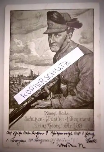 Alte Postkarte "Königl. Sächs. Schützen-Regiment Prinz Georg Nr. 108", gel. 1918