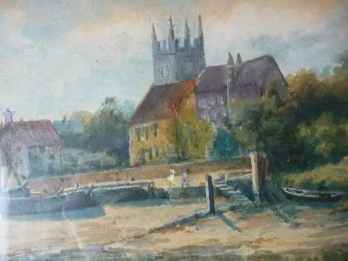 Aquarell Zeichnung Kirche am Ufer