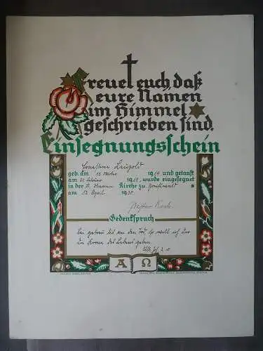 Orig. Einsegnungsschein mit Gedenkspruch zur Konfirmation / Greifswald 1930