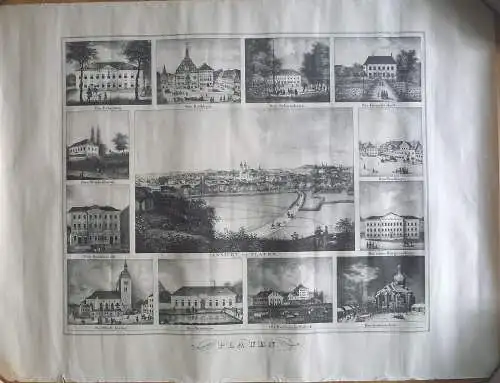 Kunstdruck Plauen Vogtland Stadtansicht u.12 Einzelbilder nach Stich um 1850