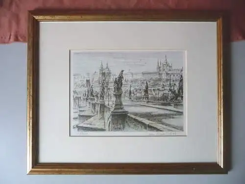 Orig. Druckgraphik Ansicht Prag Karlsbrücke Hradschin nummeriert signiert