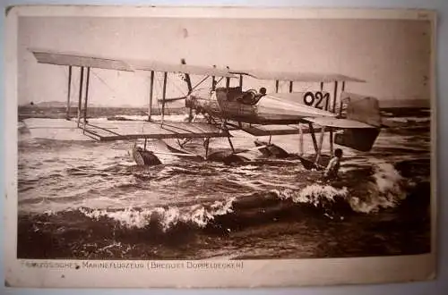 Alte Postkarte franz. Marineflugzeug Breguet Doppeldecker / Bahnpoststempel 1916