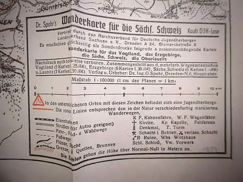 Alte Dr. Spohrs Wanderkarte für die sächs. Schweiz aus 1937