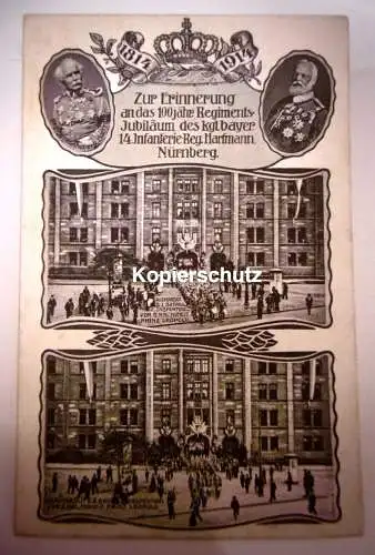 Alte PK "Zur Erinnerung a.d. 100jähr. Jubiläum d. 14. Inf. Reg. Nürnberg",ungel.